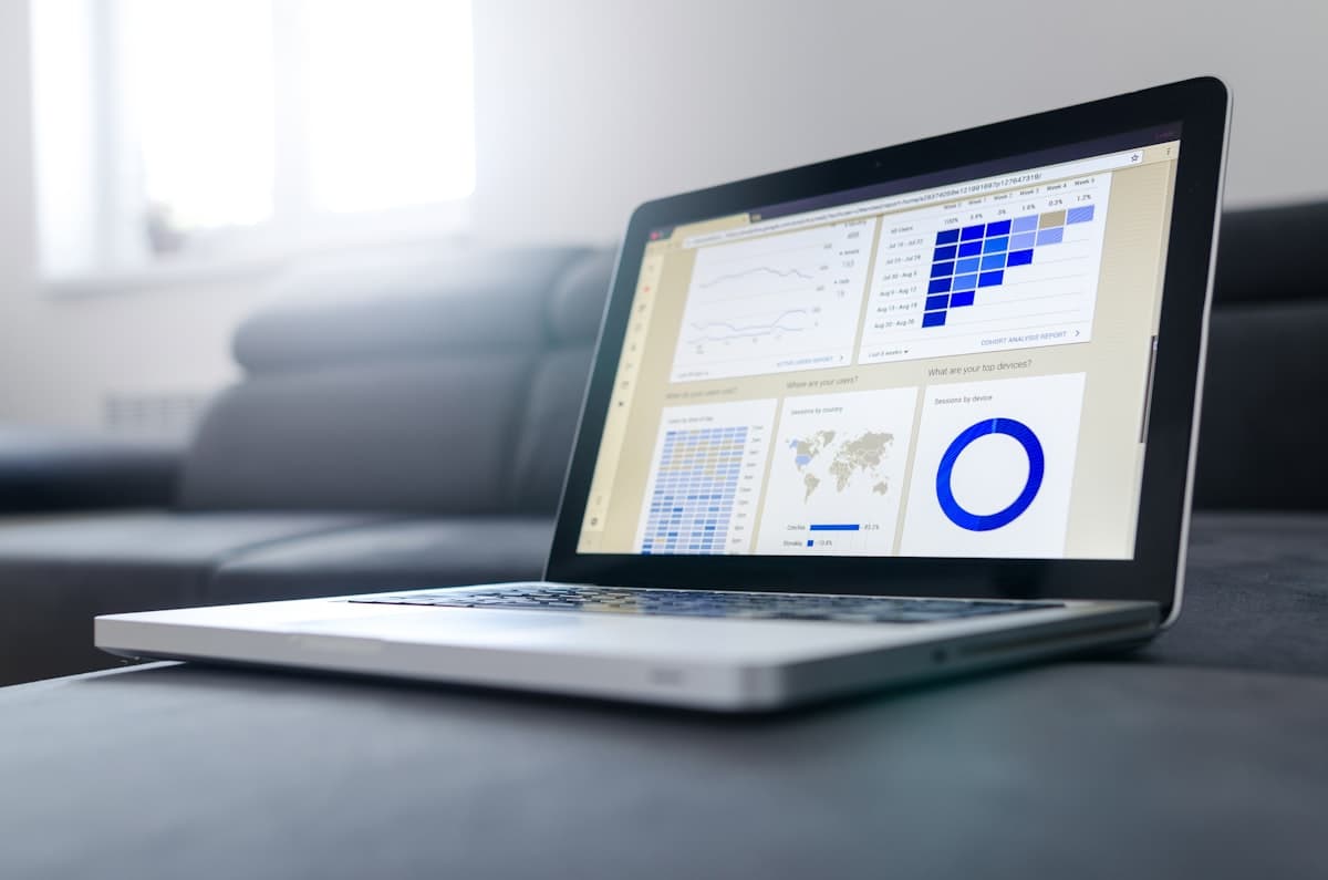 Data visualization screens displaying analytics and information architecture.